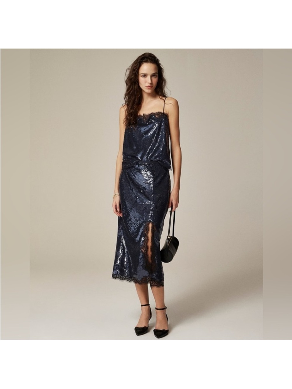 J. Crew Navy Sequin Midi Skirt with Lace Trim